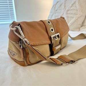 🚫SOLD🚫 Prada Vintage Tessuto Tan Leather Nylon Buckle Shoulder Bag